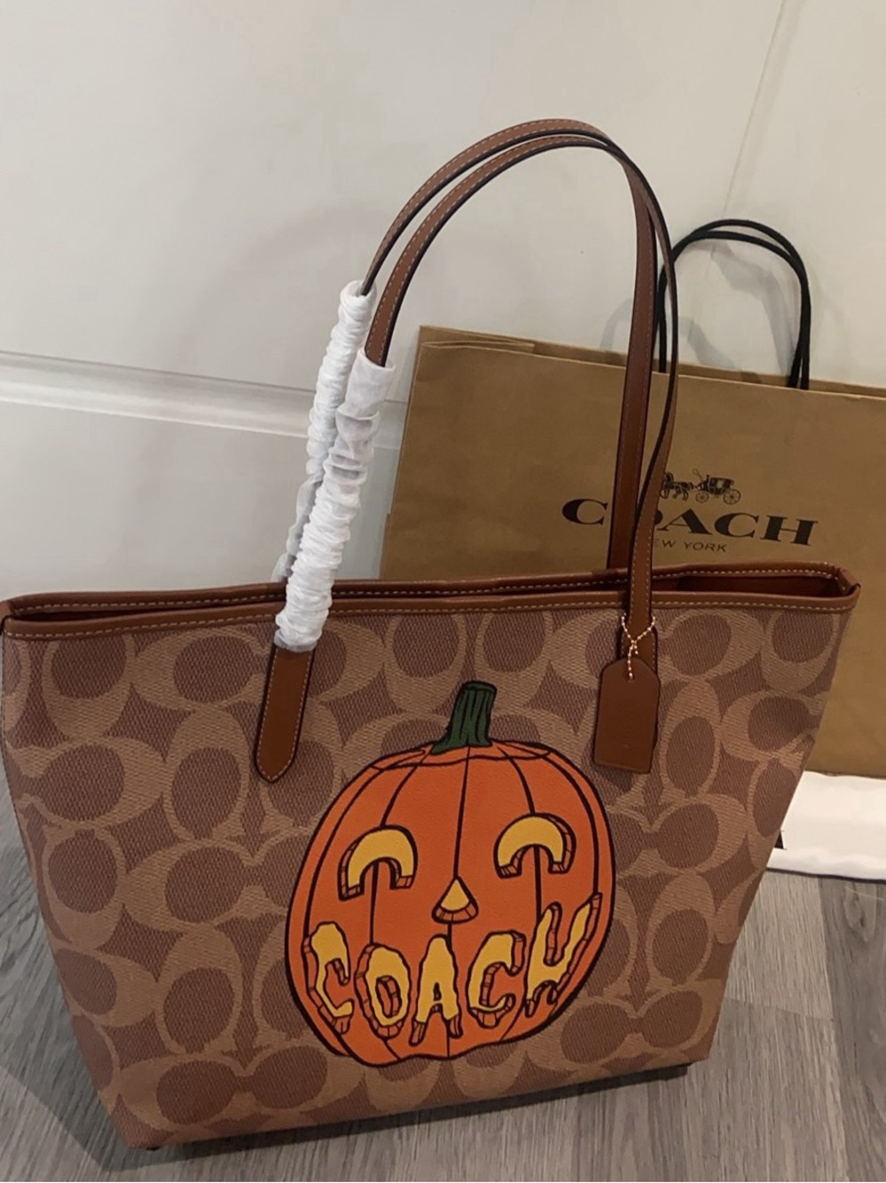 Coach Brown Canvas Tote with Orange Pumpkin Graphic